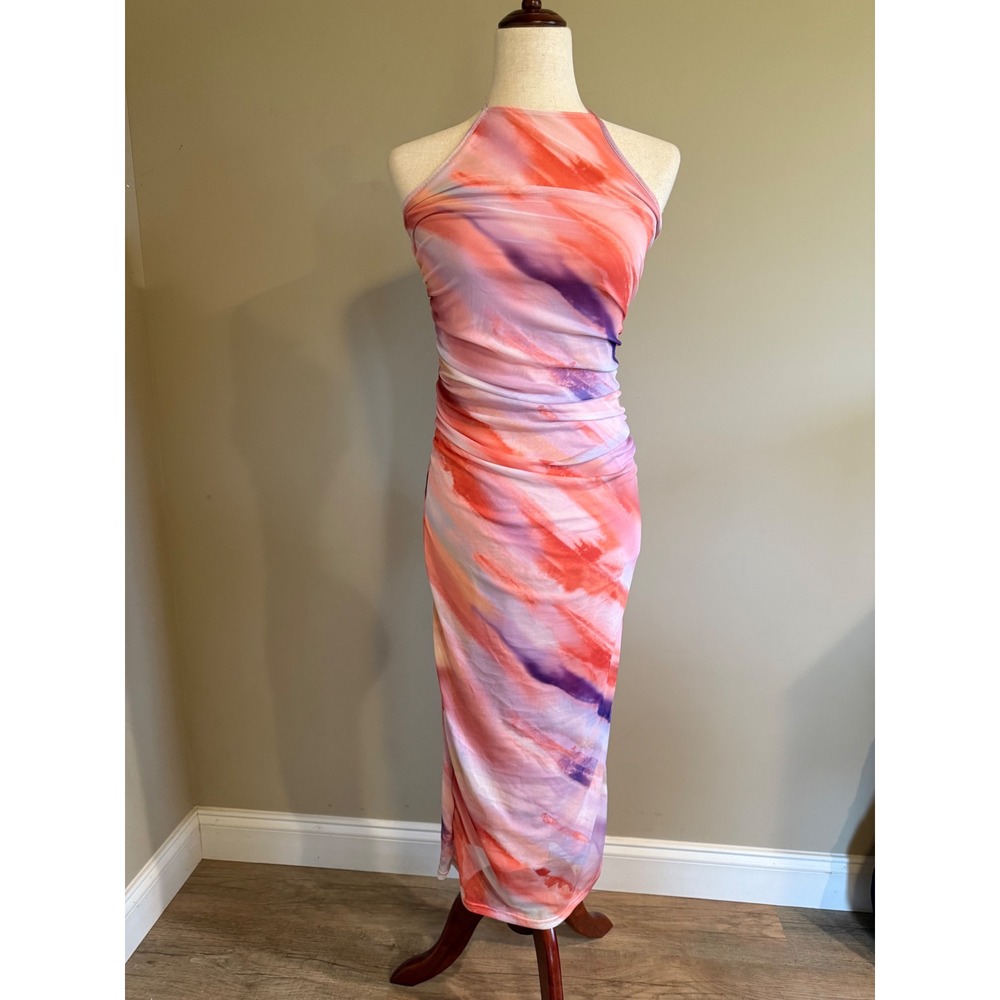 Caution to the Wind Pink Orange Watercolor Ruched‎ Halter Maxi Dress Medium